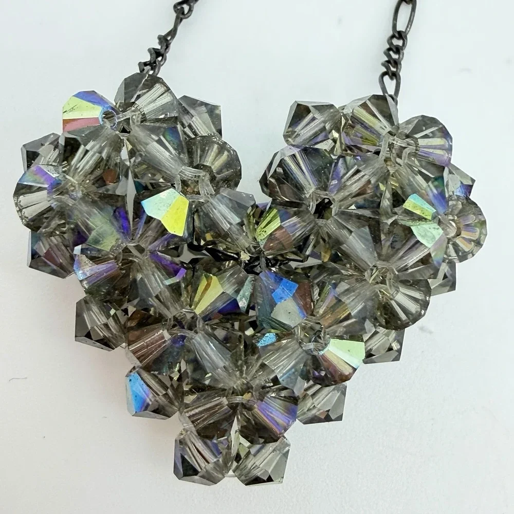 Vtg Swarovski Cluster Heart‎ Necklace Sterling Silver 925 Peacock AB Crystals